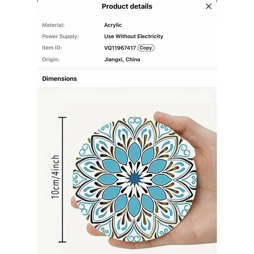Six Piece Mandala Acrylic Teal Design Coaster Set 4 Inch New